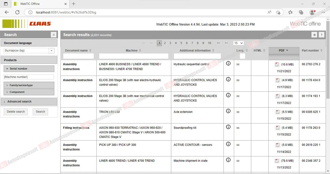 CLAAS WEBTIC OFFLINE TECHNICAL DOCUMENTS (PAGE 1/2)