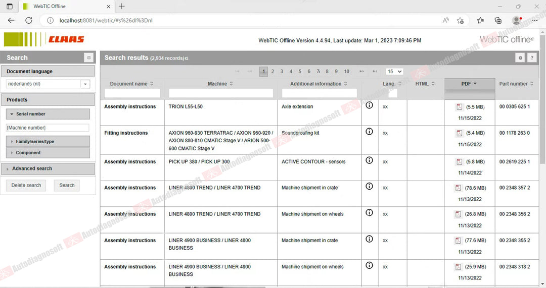 CLAAS WEBTIC OFFLINE TECHNICAL DOCUMENTS (PAGE 1/2)