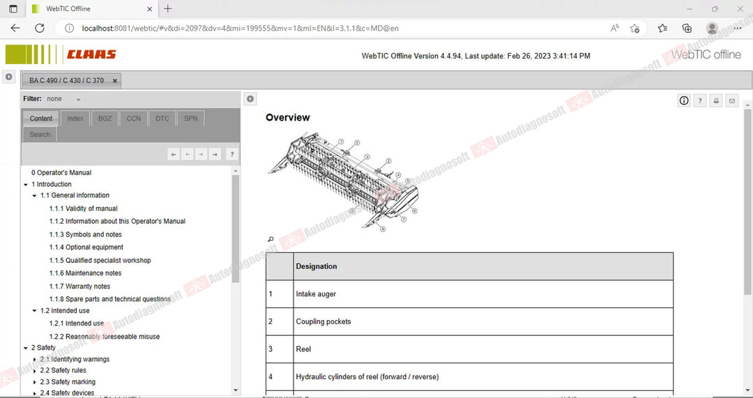 CLAAS WEBTIC OFFLINE TECHNICAL DOCUMENTS (PAGE 1/2)