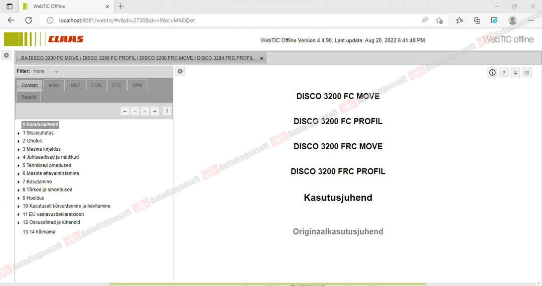 CLAAS WEBTIC OFFLINE TECHNICAL DOCUMENTS (PAGE 1/2)