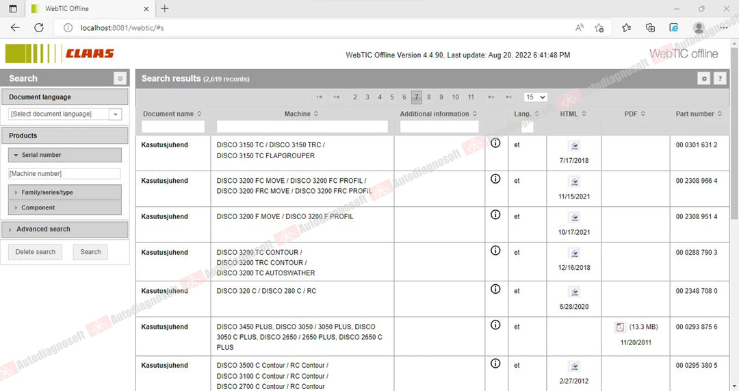 CLAAS WEBTIC OFFLINE TECHNICAL DOCUMENTS (PAGE 1/2)
