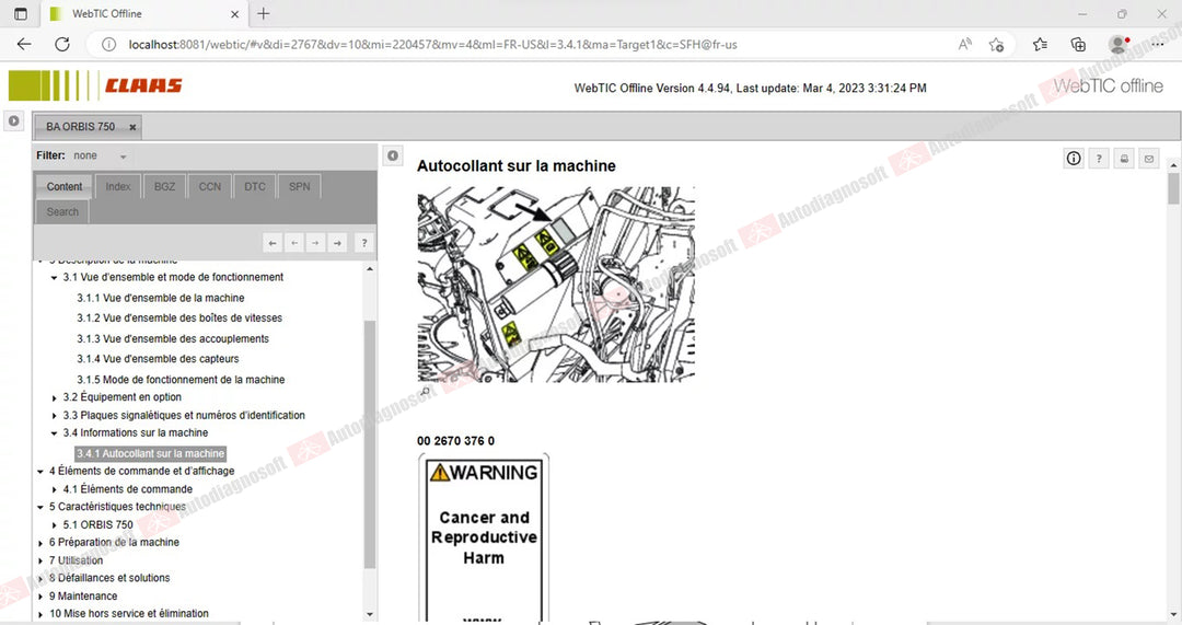 CLAAS WEBTIC OFFLINE TECHNICAL DOCUMENTS (PAGE 1/2)