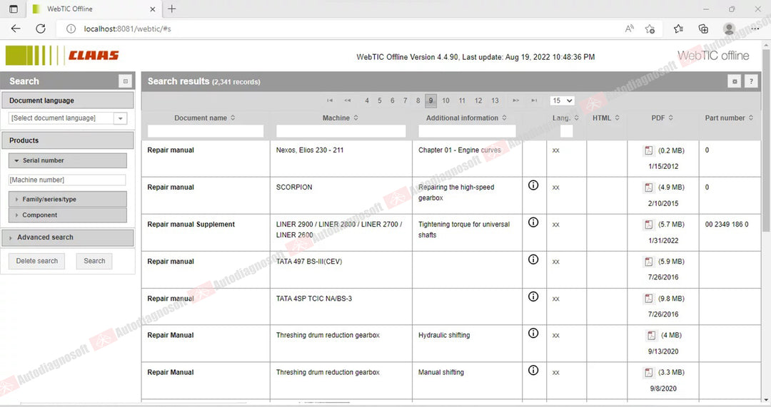 CLAAS WEBTIC OFFLINE TECHNICAL DOCUMENTS (PAGE 1/2)